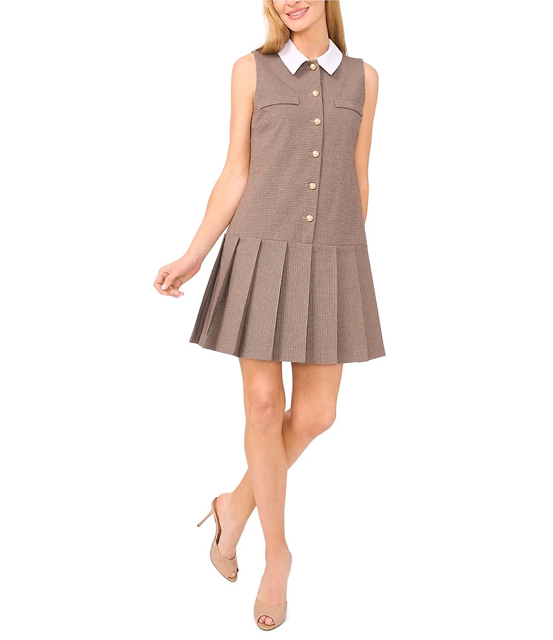 CeCe Pleated Button Front Houndstooth Mini Dress