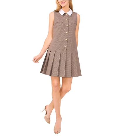 CeCe Pleated Button Front Houndstooth Mini Dress