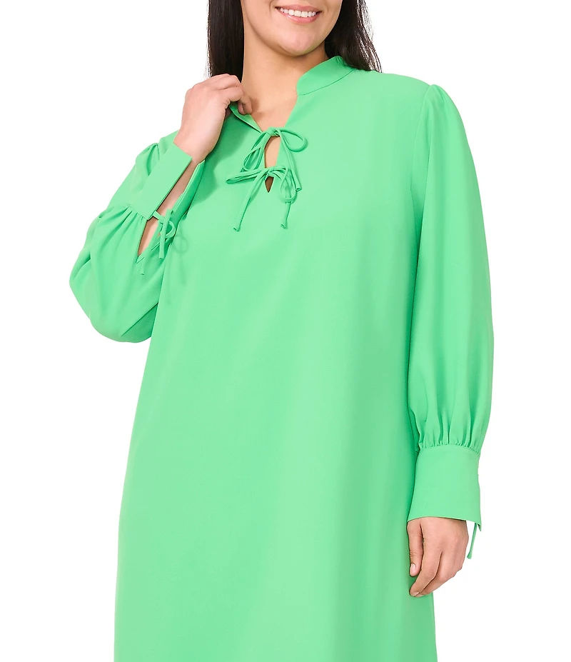 CeCe Plus Size Crepe V-Neck Cuffed Long Cuffed Sleeves Tie Shift Dress