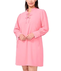 CeCe Plus Size Crepe V-Neck Cuffed Long Cuffed Sleeves Tie Shift Dress