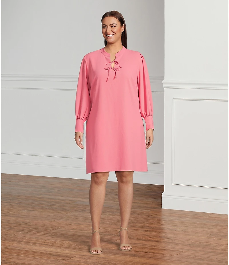 CeCe Plus Size Crepe V-Neck Cuffed Long Cuffed Sleeves Tie Shift Dress