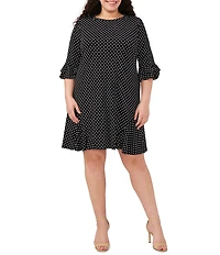 CeCe Plus Size Dotted Print Crew Neck 3/4 Sleeve Ruffled Hem Knit Shift Dress