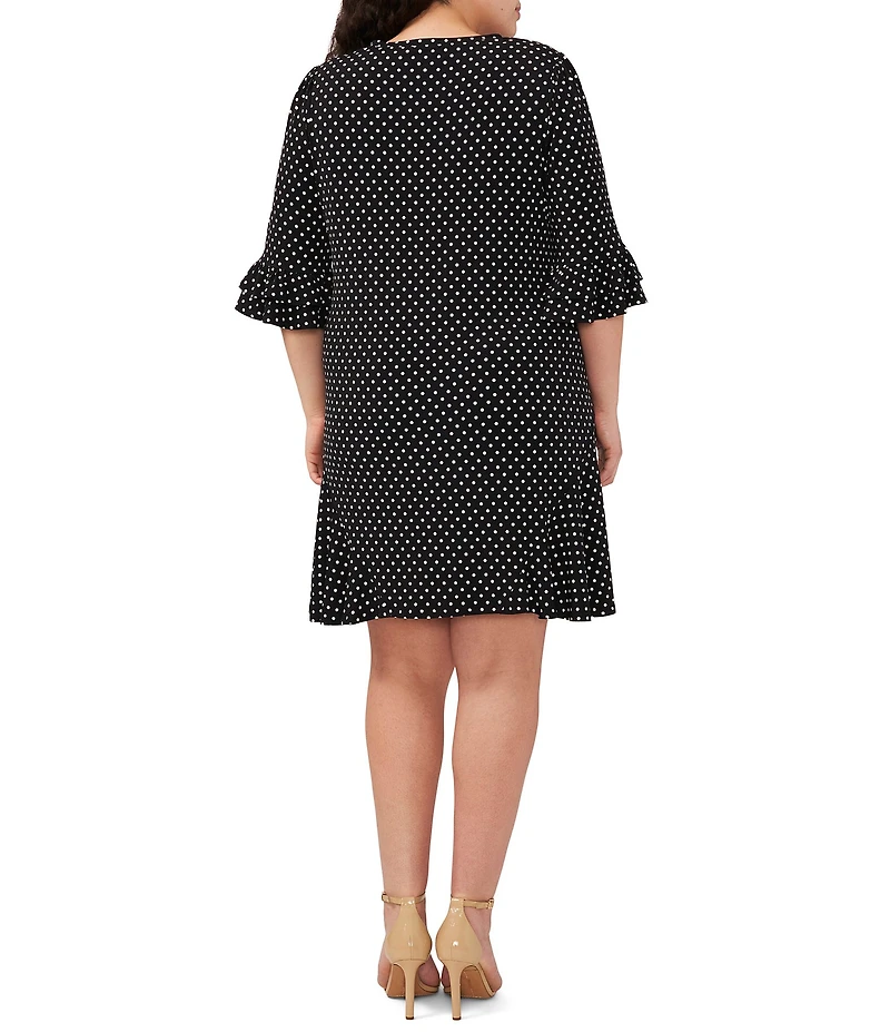 CeCe Plus Size Dotted Print Crew Neck 3/4 Sleeve Ruffled Hem Knit Shift Dress