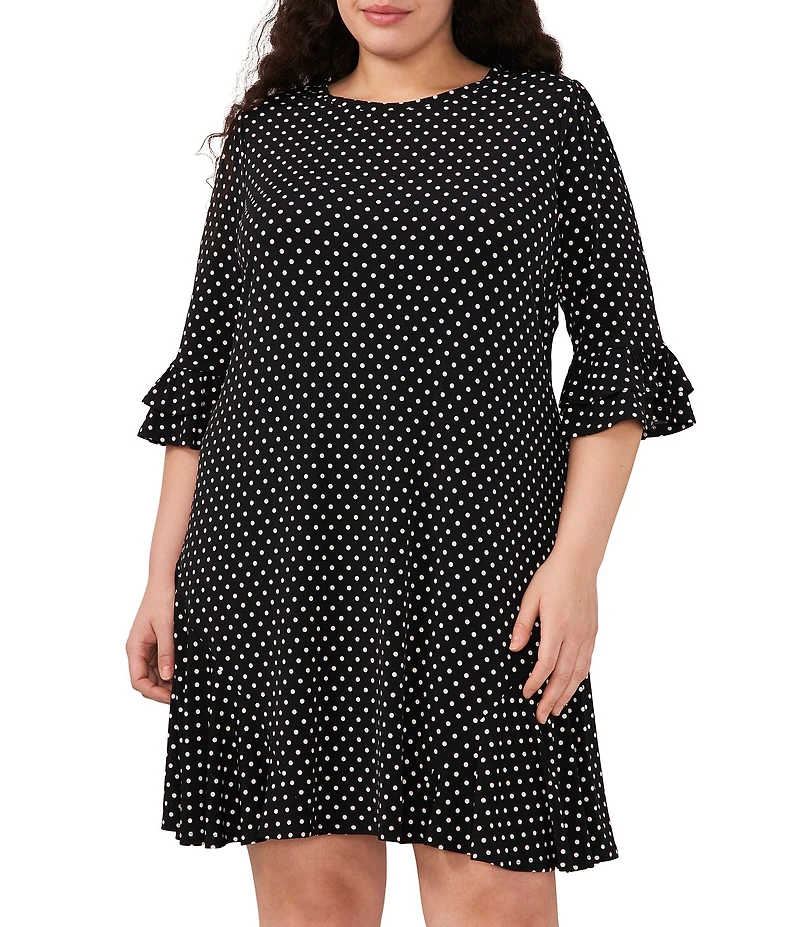 CeCe Plus Size Dotted Print Crew Neck 3/4 Sleeve Ruffled Hem Knit Shift Dress