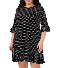 CeCe Plus Size Dotted Print Crew Neck 3/4 Sleeve Ruffled Hem Knit Shift Dress