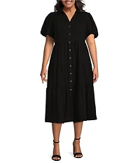 CeCe Plus Size Drapey Gauze Point Collar V Neck Short Puff Sleeve Button Front Tiered Midi A-Line Shirt Dress