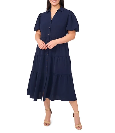 CeCe Plus Size Drapey Gauze Point Collar V Neck Short Puff Sleeve Button Front Tiered Midi A-Line Shirt Dress