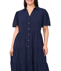 CeCe Plus Size Drapey Gauze Point Collar V Neck Short Puff Sleeve Button Front Tiered Midi A-Line Shirt Dress