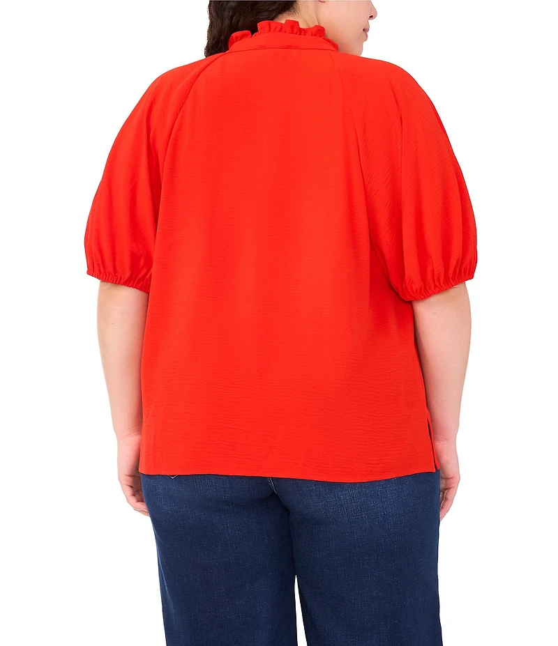 CeCe Plus Size Drapey Gauze Ruffled Split V-Neck Short Puffed Sleeve Blouse