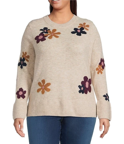 CeCe Plus Size Floral Intarsia Long Sleeve Crew Neck Sweater
