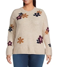 CeCe Plus Size Floral Intarsia Long Sleeve Crew Neck Sweater