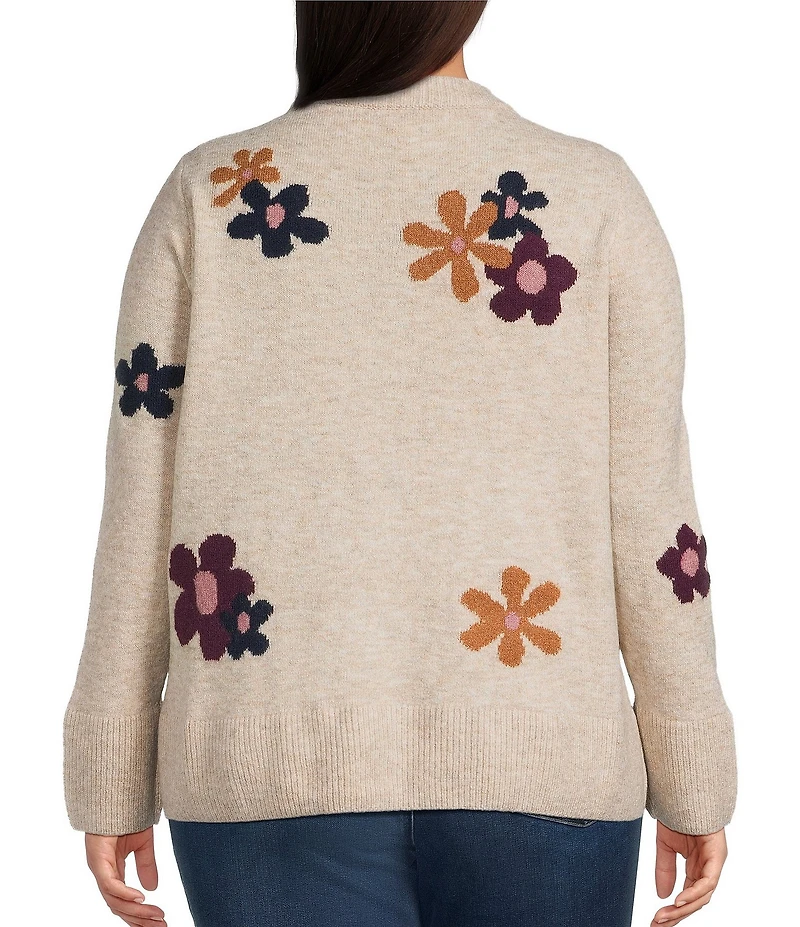 CeCe Plus Size Floral Intarsia Long Sleeve Crew Neck Sweater