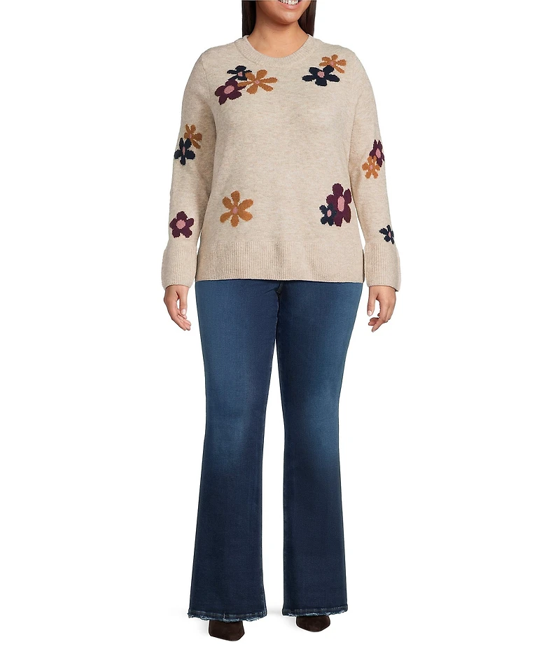 CeCe Plus Size Floral Intarsia Long Sleeve Crew Neck Sweater