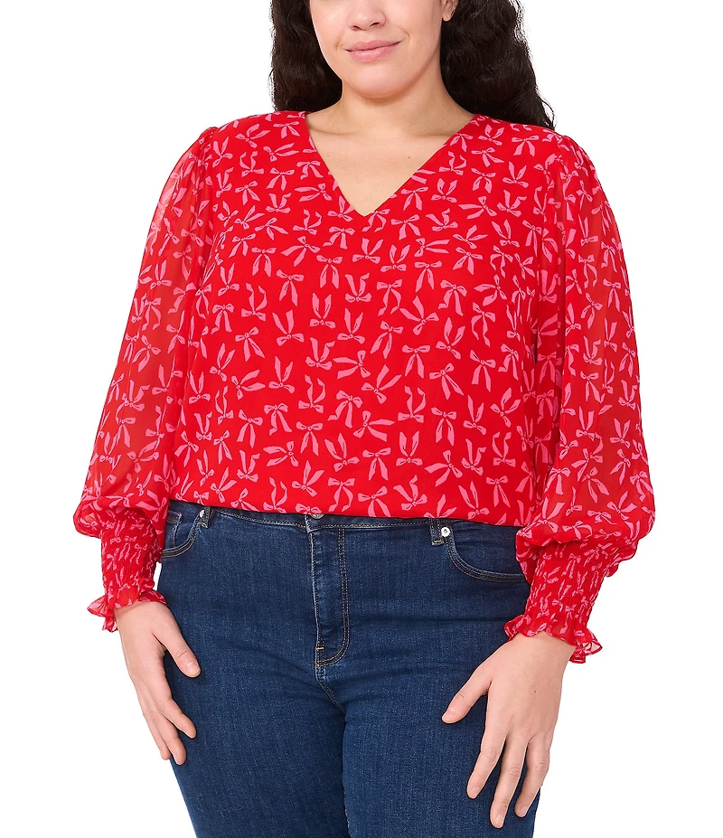 CeCe Plus Size Gauze Chiffon Bow Print V-Neck Long Sleeve Smocked Ruffle Cuff Blouse