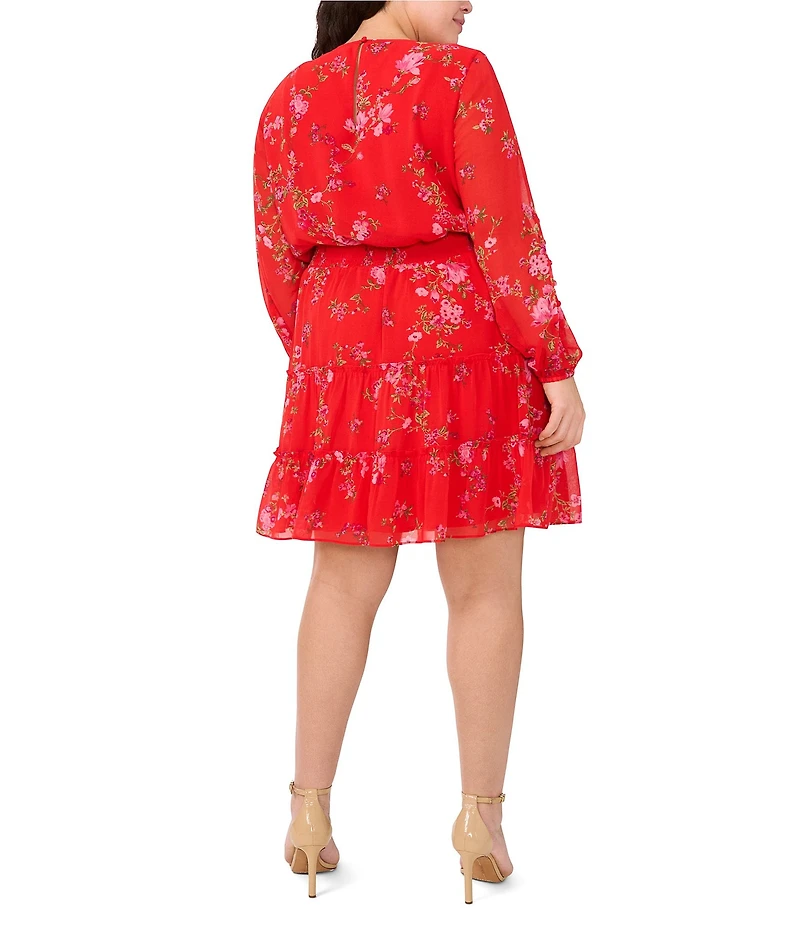CeCe Plus Size Gauze Chiffon Floral Print Crew Neck Long Sleeve Smocked Tiered A-Line Dress