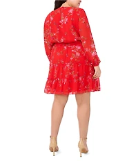 CeCe Plus Size Gauze Chiffon Floral Print Crew Neck Long Sleeve Smocked Tiered A-Line Dress