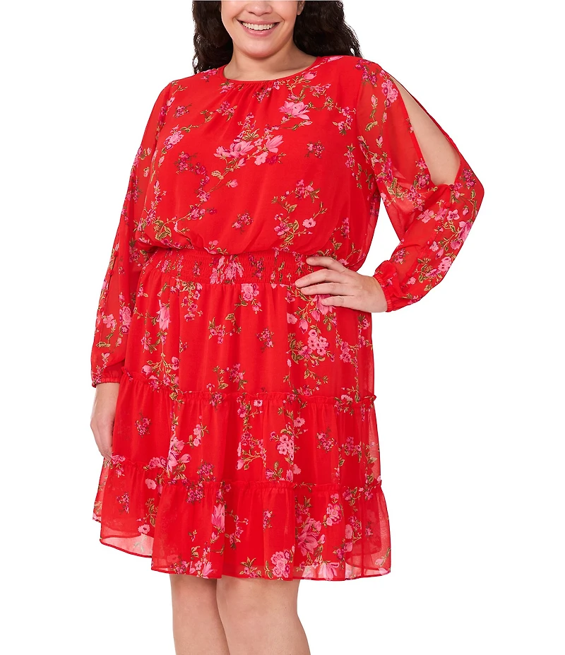 CeCe Plus Size Gauze Chiffon Floral Print Crew Neck Long Sleeve Smocked Tiered A-Line Dress