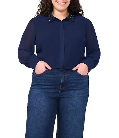 CeCe Plus Size Georgette Floral 3D Applique Pointed Collar Long Sleeve Hidden Button Front Blouse