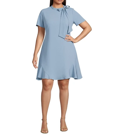 CeCe Plus Size Knit Bow Tie Neck Short Sleeves Above Knee A-Line Dress
