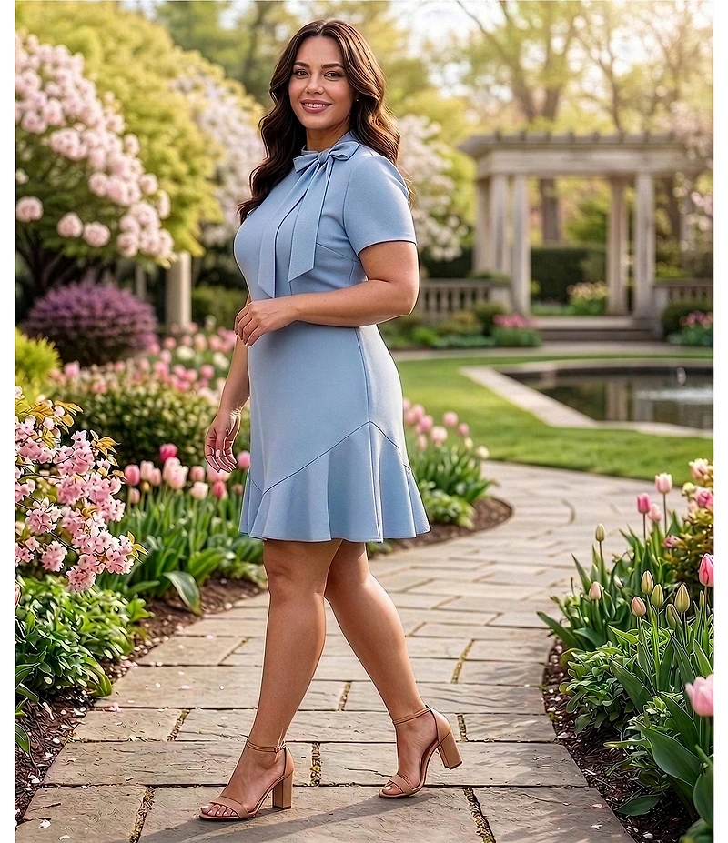 CeCe Plus Size Knit Bow Tie Neck Short Sleeves Above Knee A-Line Dress