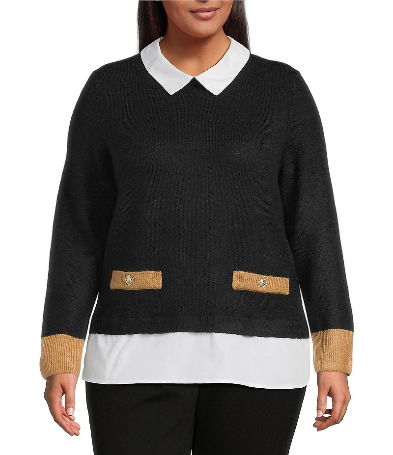CeCe Plus Size Knit Jersey Twofer Point Collar Long Sleeve Sweater Blouse