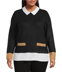 CeCe Plus Size Knit Jersey Twofer Point Collar Long Sleeve Sweater Blouse
