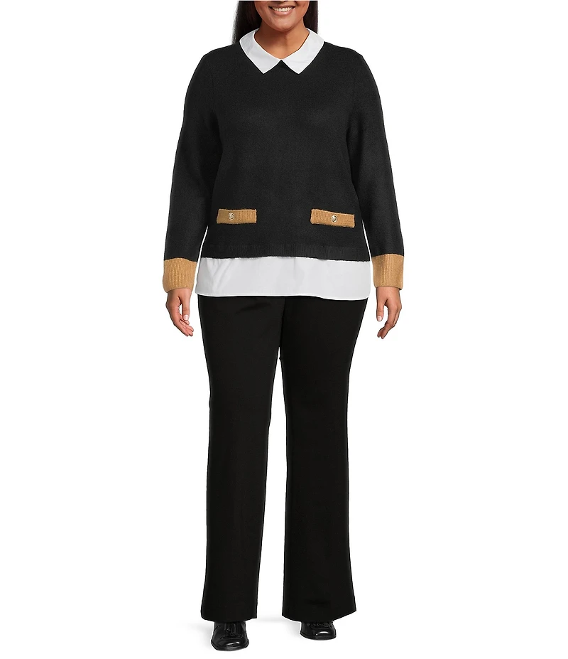 CeCe Plus Size Knit Jersey Twofer Point Collar Long Sleeve Sweater Blouse