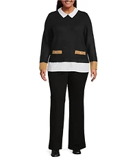 CeCe Plus Size Knit Jersey Twofer Point Collar Long Sleeve Sweater Blouse