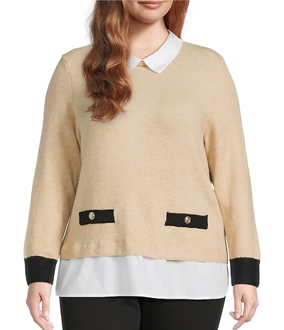 CeCe Plus Size Knit Jersey Twofer Point Collar Long Sleeve Sweater Blouse