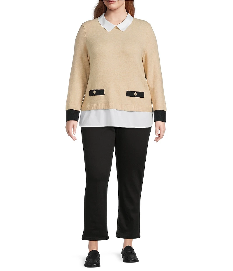 CeCe Plus Size Knit Jersey Twofer Point Collar Long Sleeve Sweater Blouse