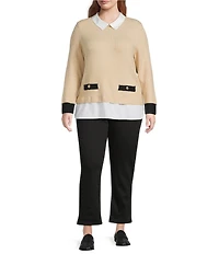 CeCe Plus Size Knit Jersey Twofer Point Collar Long Sleeve Sweater Blouse