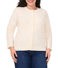 CeCe Plus Size Knit Round Neck Long Sleeve Floral Embroidery Cardigan