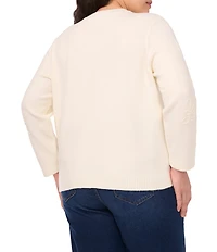 CeCe Plus Size Knit Round Neck Long Sleeve Floral Embroidery Cardigan