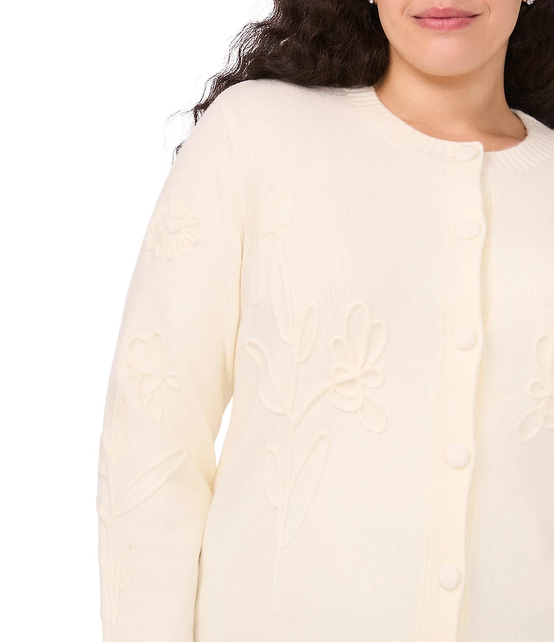 CeCe Plus Size Knit Round Neck Long Sleeve Floral Embroidery Cardigan