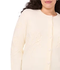 CeCe Plus Size Knit Round Neck Long Sleeve Floral Embroidery Cardigan