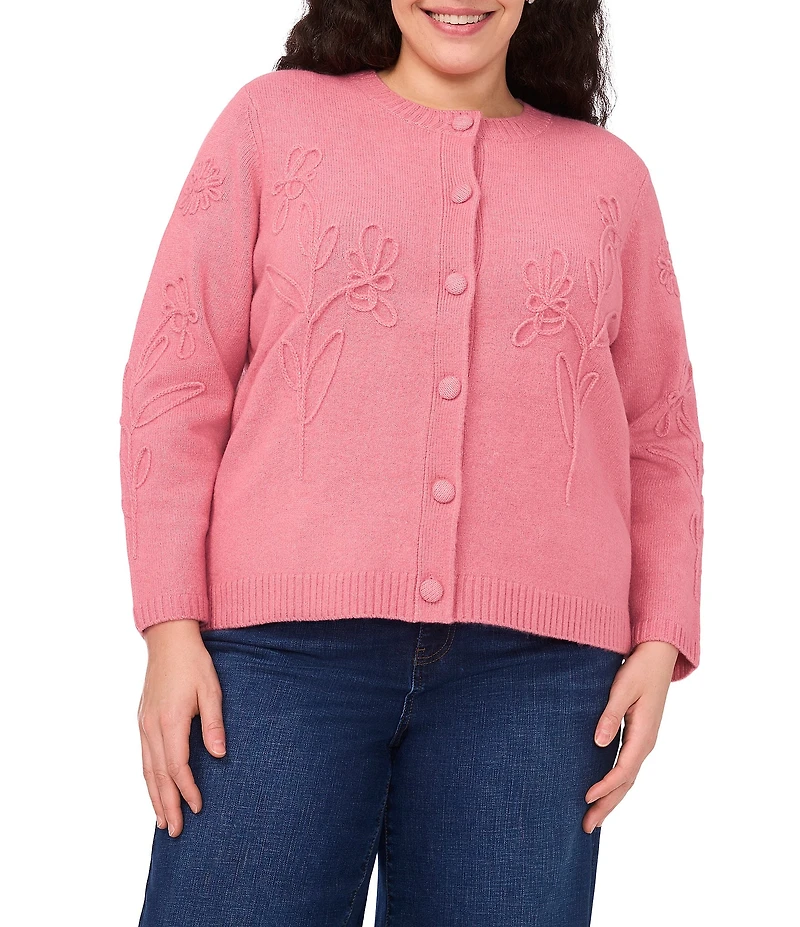 CeCe Plus Size Knit Round Neck Long Sleeve Floral Embroidery Cardigan