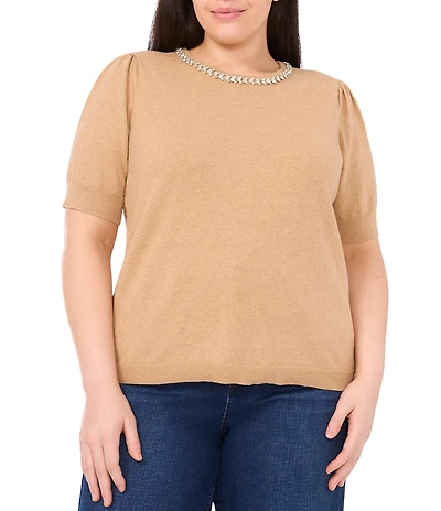 CeCe Plus Size Knit Round Neck Short Sleeve Embellished Top