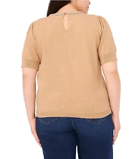 CeCe Plus Size Knit Round Neck Short Sleeve Embellished Top