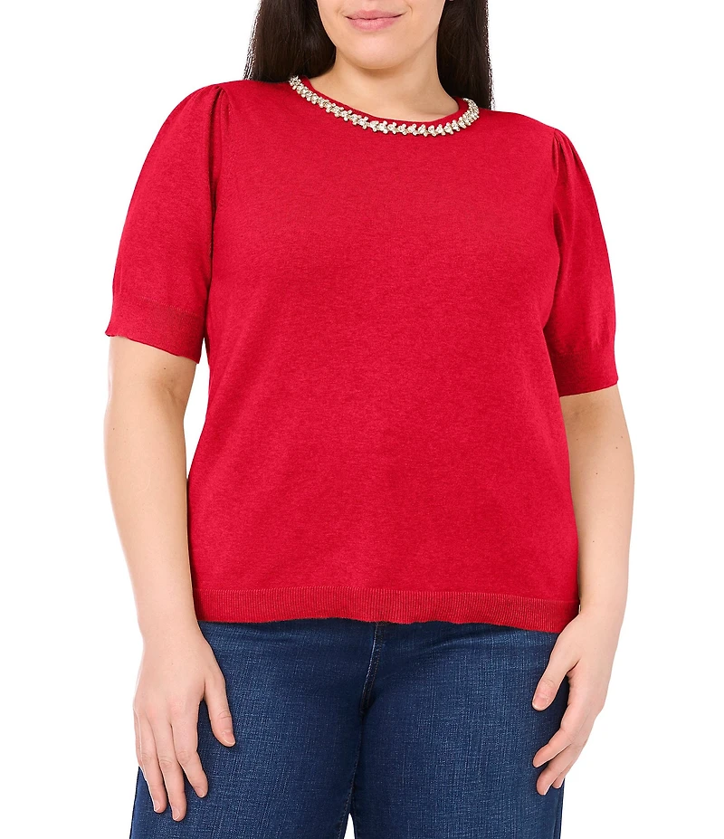 CeCe Plus Size Knit Round Neck Short Sleeve Embellished Top