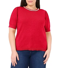 CeCe Plus Size Knit Round Neck Short Sleeve Embellished Top