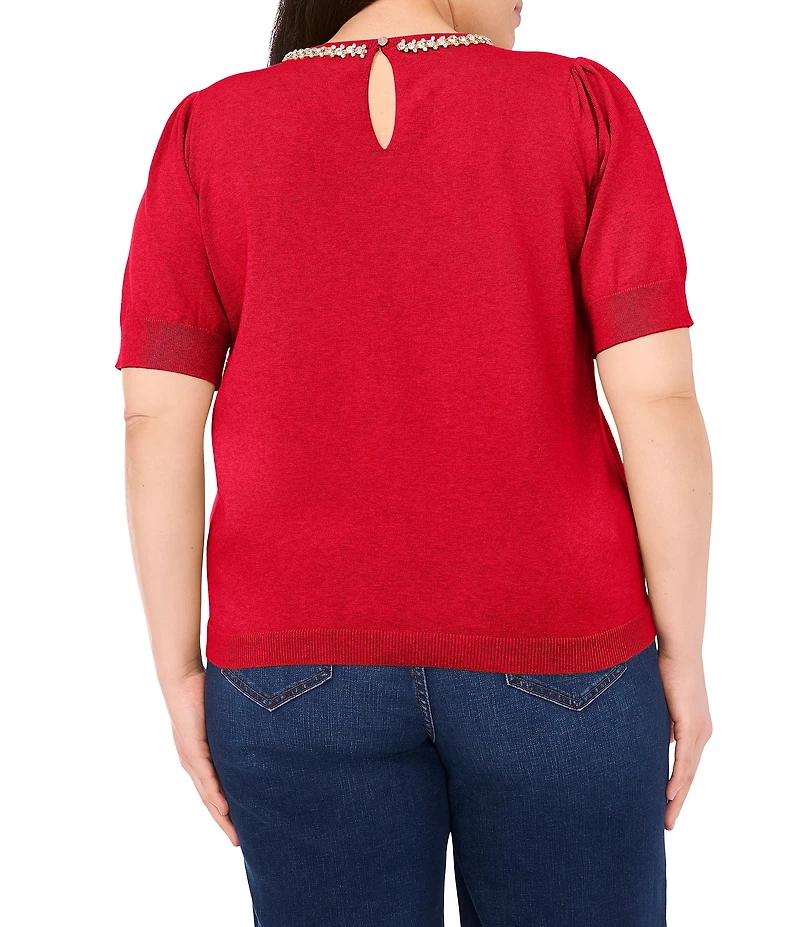 CeCe Plus Size Knit Round Neck Short Sleeve Embellished Top