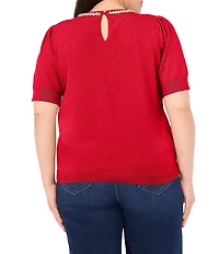 CeCe Plus Size Knit Round Neck Short Sleeve Embellished Top