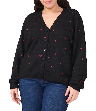 CeCe Plus Size Knit V-Neck Long Sleeve Heart Embroidered Cardigan