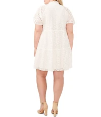 CeCe Plus Size Lace V-Neck Short Puff Sleeve Tiered Babydoll Mini Dress