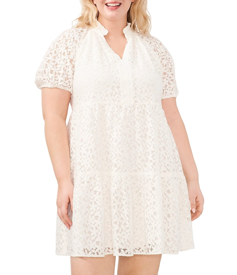 CeCe Plus Size Lace V-Neck Short Puff Sleeve Tiered Babydoll Mini Dress
