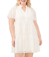 CeCe Plus Size Lace V-Neck Short Puff Sleeve Tiered Babydoll Mini Dress