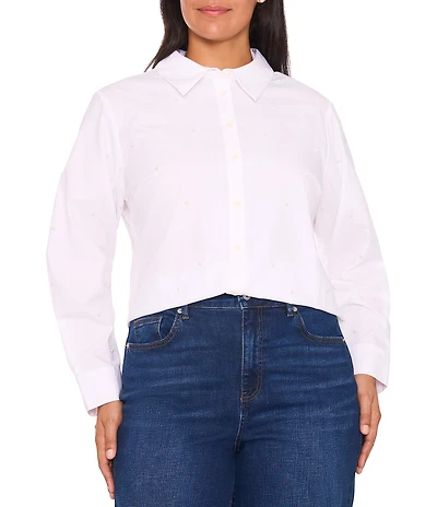 CeCe Plus Size Poplin Point Collar Long Sleeve Button Down Top