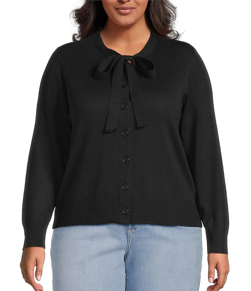 CeCe Plus Size Round Neck Long Sleeve Bow Cardigan