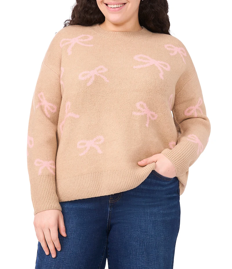 Cece Plus Size Round Neck Long Sleeve Bow Sweater