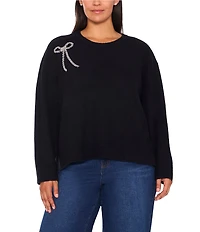 CeCe Plus Size Round Neck Long Sleeve Embellished Bow Sweater